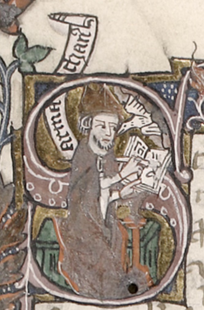 An archbishop in a mitre writes at a desk; a dove speaks at his ear; a scroll above him reads Armachanus.